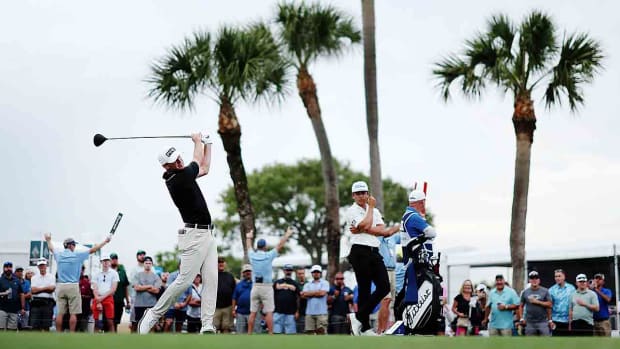 Austin Eckroat plays from the 18th tee during the third round of the 2024 Cognizant Classic in The Palm Beaches at PGA National Resort in Palm Beach Gardens, Fla.